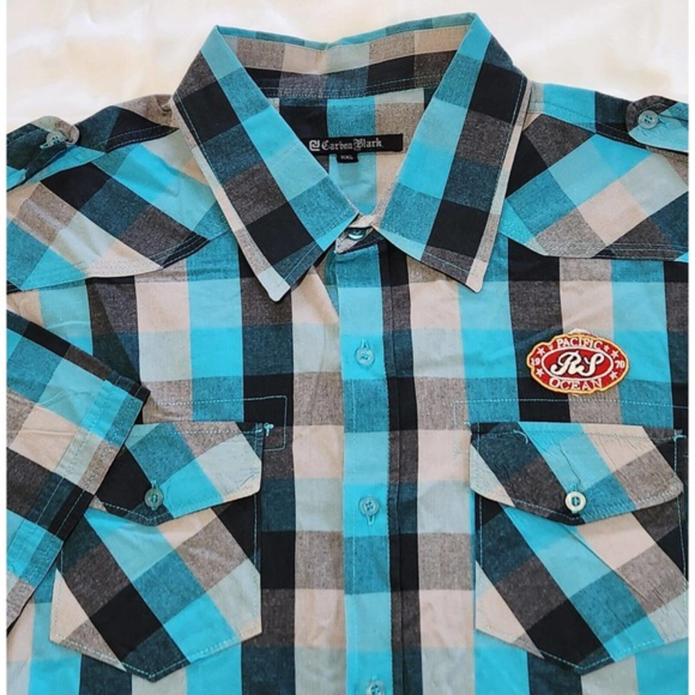 CARBON BLACK Mens 2XL Shirt Short Sleeve Plaid Button Cotton Pacific Ocean FLAW‎